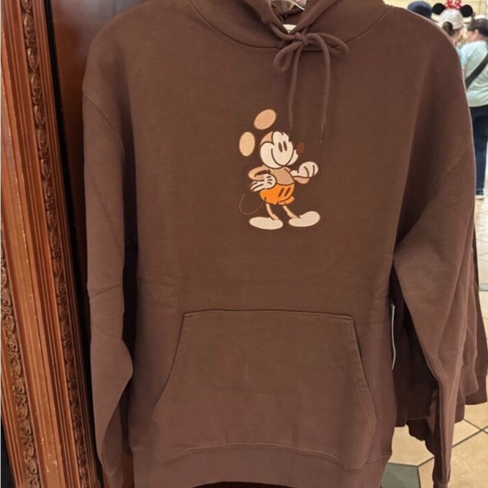 Embroidered Disney parks brown hoodie says medium but seems larger